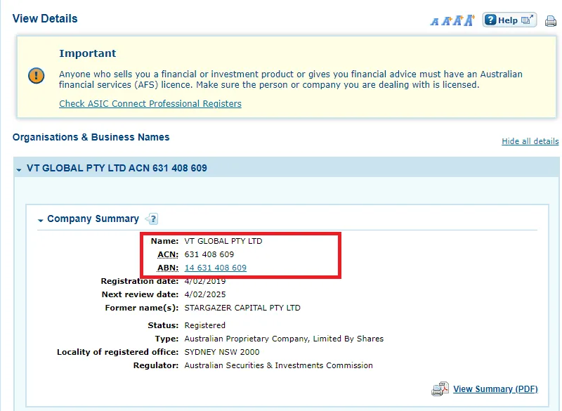 اعتبار و رگولاتوری بروکر VT Markets مجوز ASIC