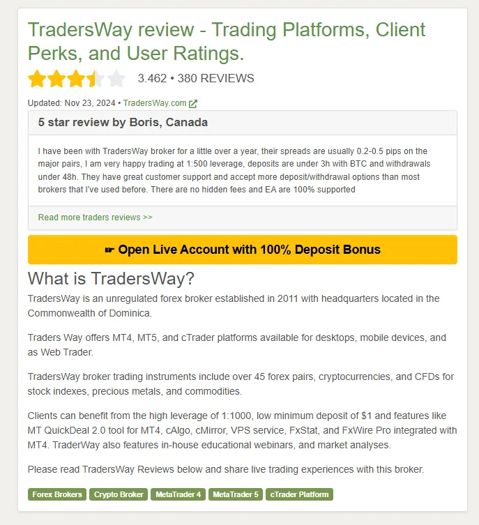 بروکر تریدرز وی TradersWay در وبسایت Forex Peace Army