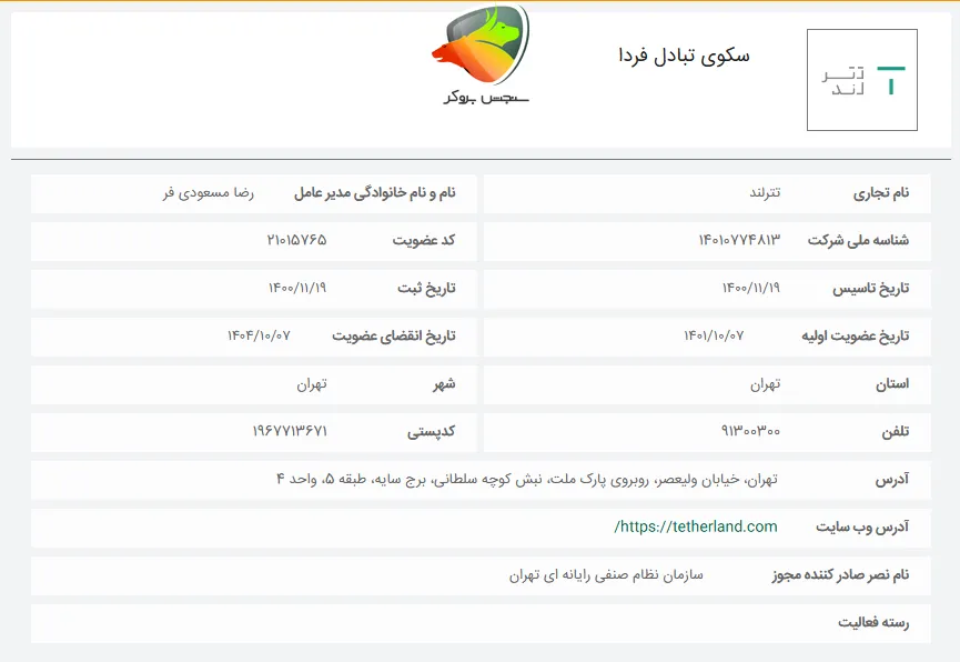 مجوز سازمان نظام صنفی رایانه ای برای تترلند صرافی