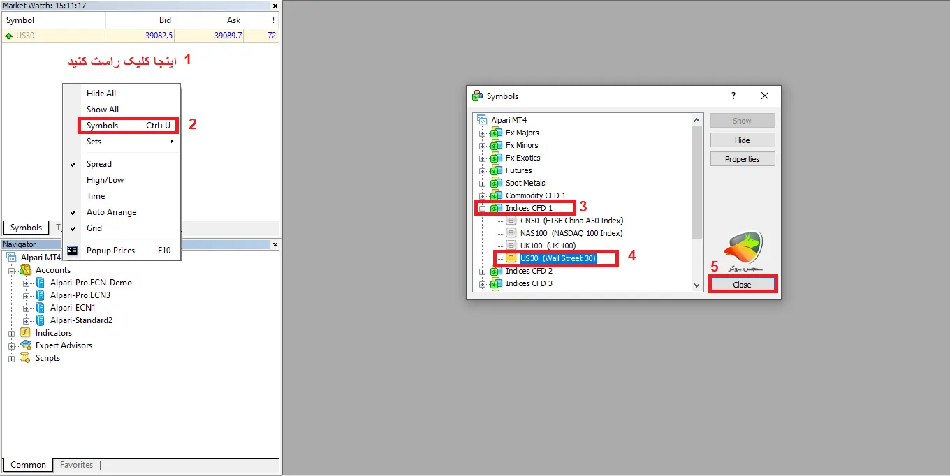 نحوه اضافه کرد نماد داوجونز در آلپاری به متاتریدر