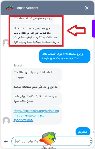 چت با پشتیبانی در خصوص محدودیت در تعداد معاملات باز