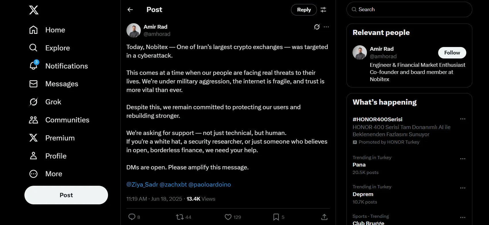 هک شدن صرافی نوبیتکس و بیانیه امیر راد