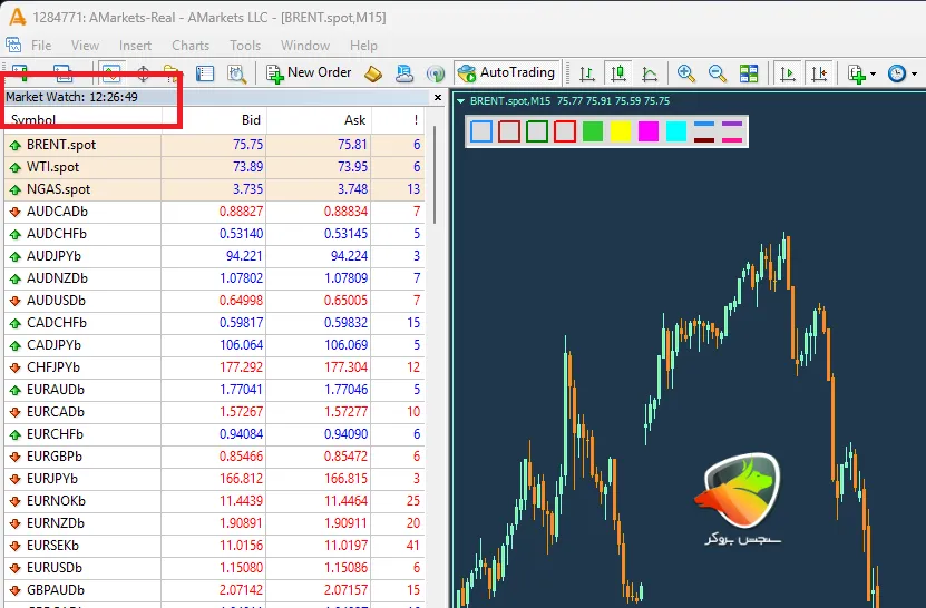 ساعت کاری بروکر امارکتس با چک کردن ساعت دقیق در پنجره Market Watch توی متاتریدر
