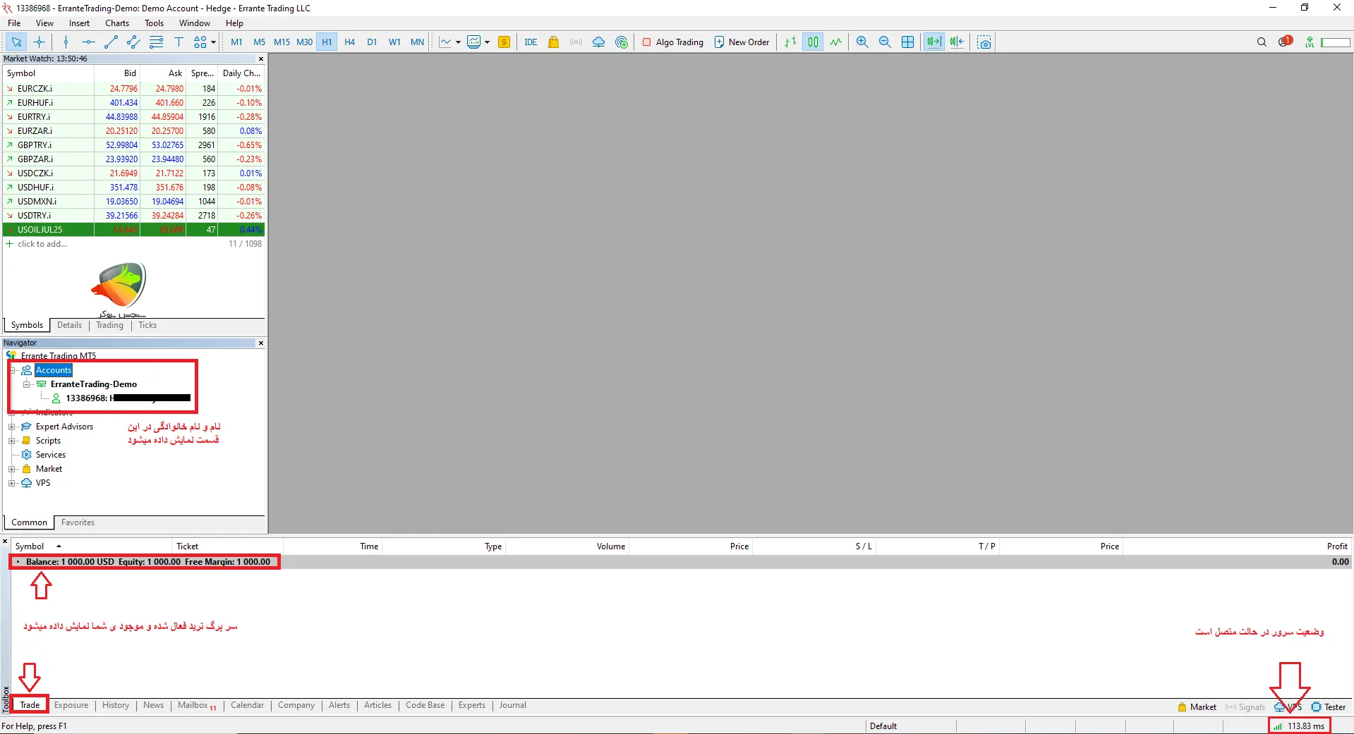 آموزش اتصال حساب دمو به متاتریدر مرحله 3