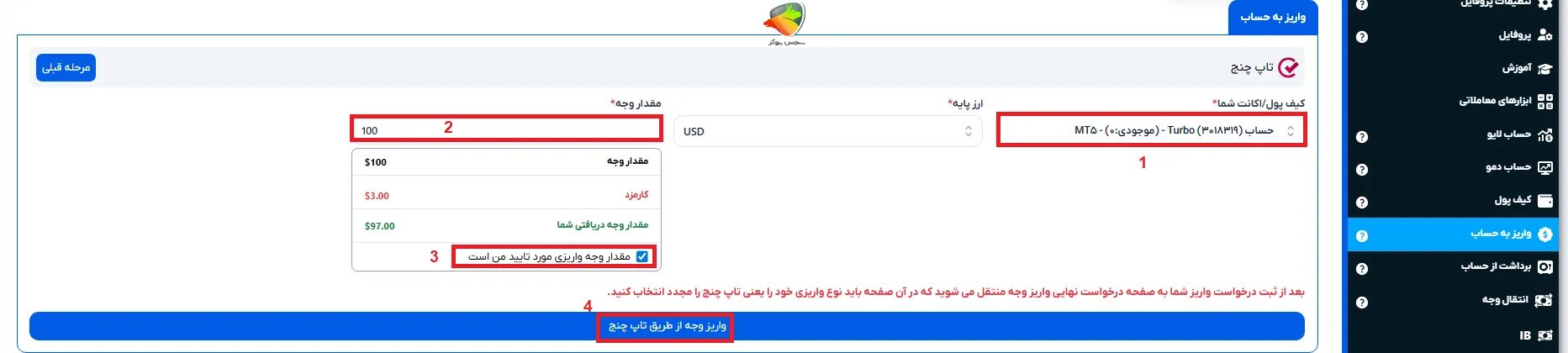 مراحل واریز و برداشت در بروکر اوربکس با تاپ چنج