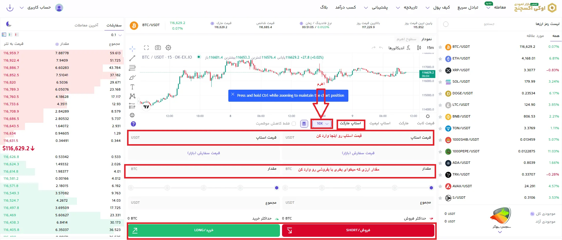 فیوچرز اوکی اکسچنج + روش استاپ مارکت برای سفارش گذاری