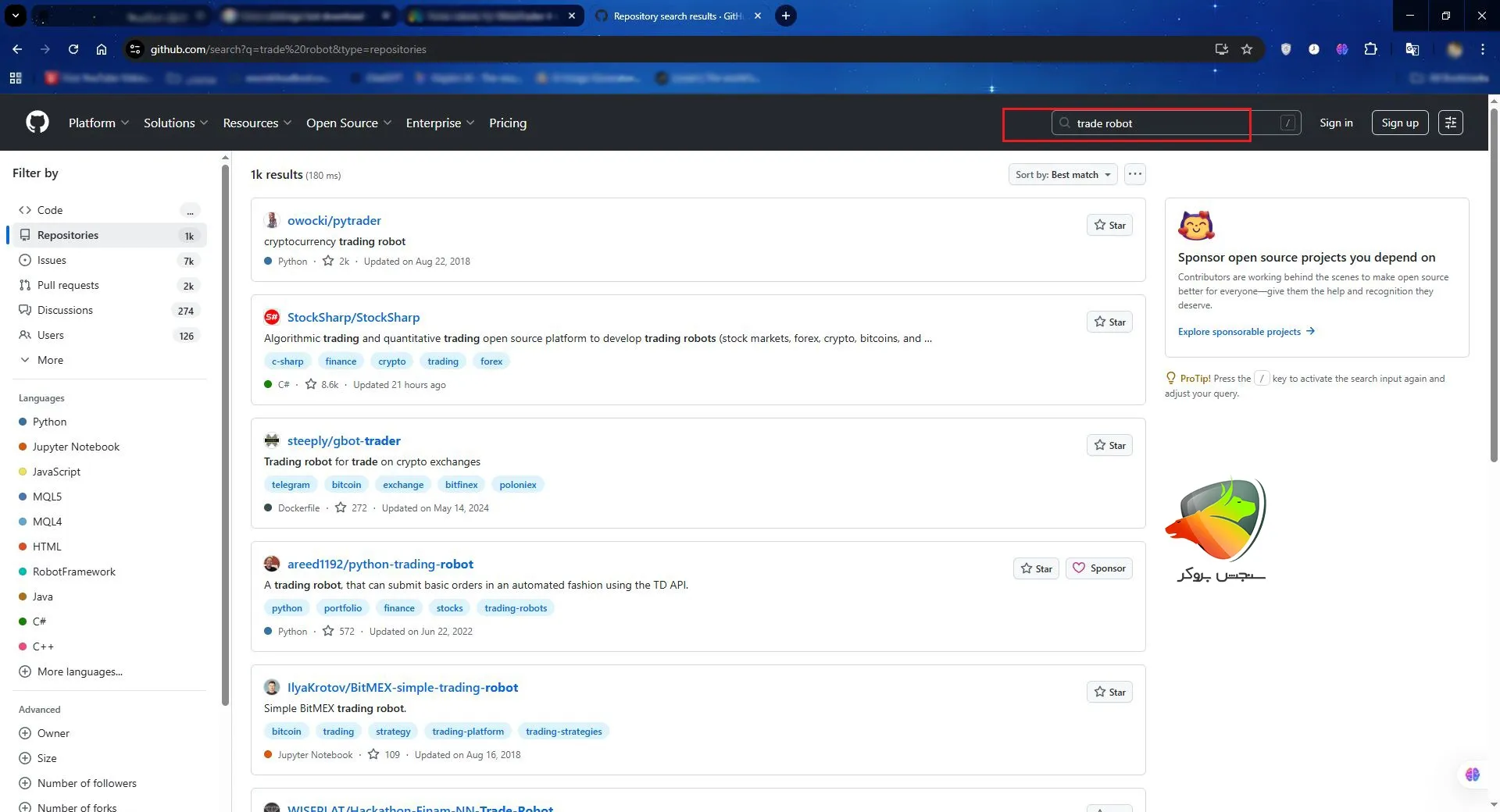 ربات ترید رایگان و پیدا کردن تو سایت گیت هاب