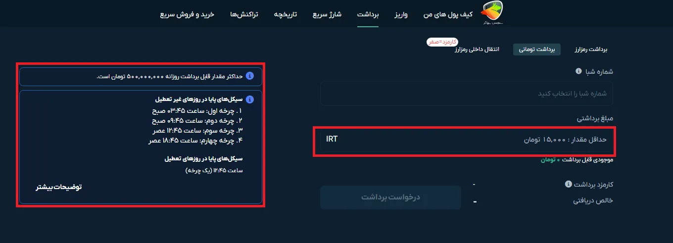 حداقل و حداکثر برداشت ریالی در او ام پی فینکس